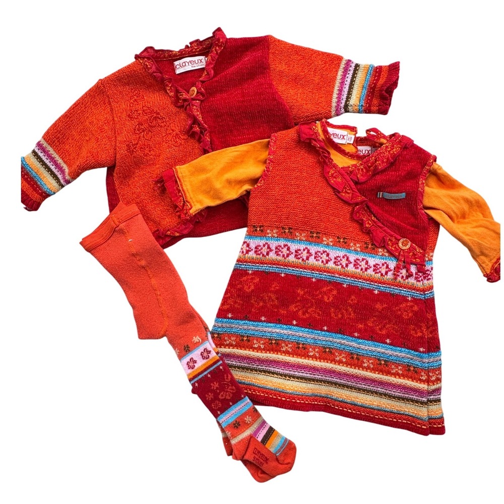 Clayeux Enfant Girls 4pc Red Orange Knit Dress Cardigan Tights Set 9M France